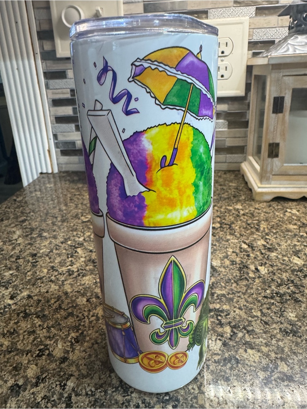 Colorful Mardi Gras Snow Cone Tumbler - White, Purple, Green & Yellow